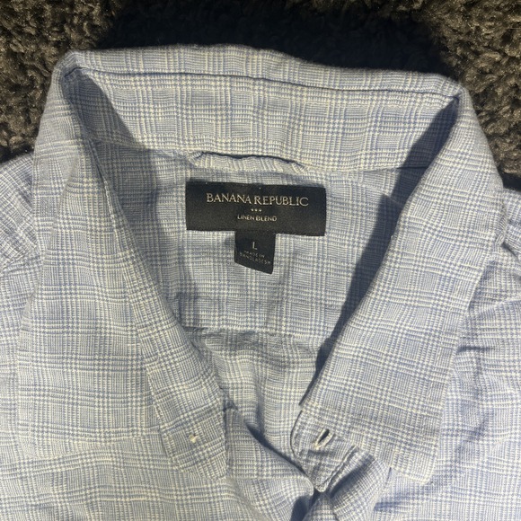 Banana Republic Shirt Men Blue Check Linen Blend Long Sleeve Button Up Large - Picture 2 of 8